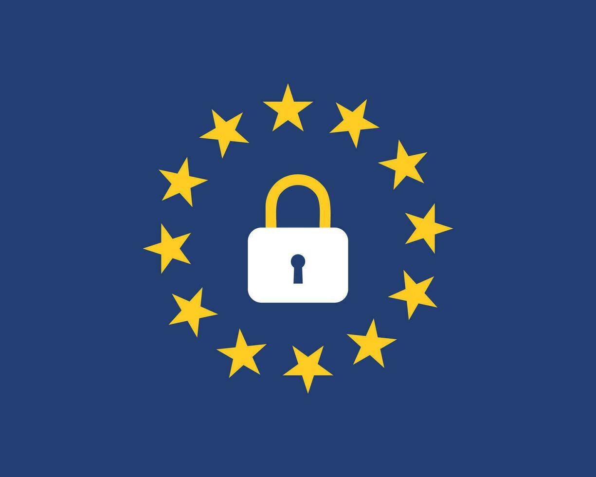 European union flag with a closed lock symbol stops emigration unauthorized signal. vector