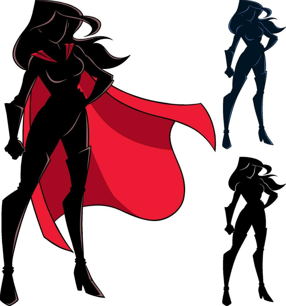 superheroína en pie alto silueta vector