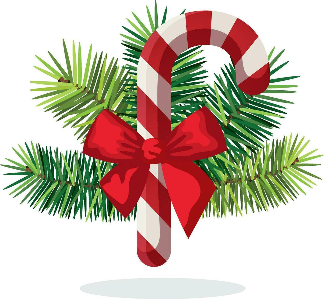 dulce bastones Navidad con decoración, rojo Navidad arco cinta dulce pirulí y pino abeto rama, navidad caramelo caña, navidad decoraciones con caramelo caña vector