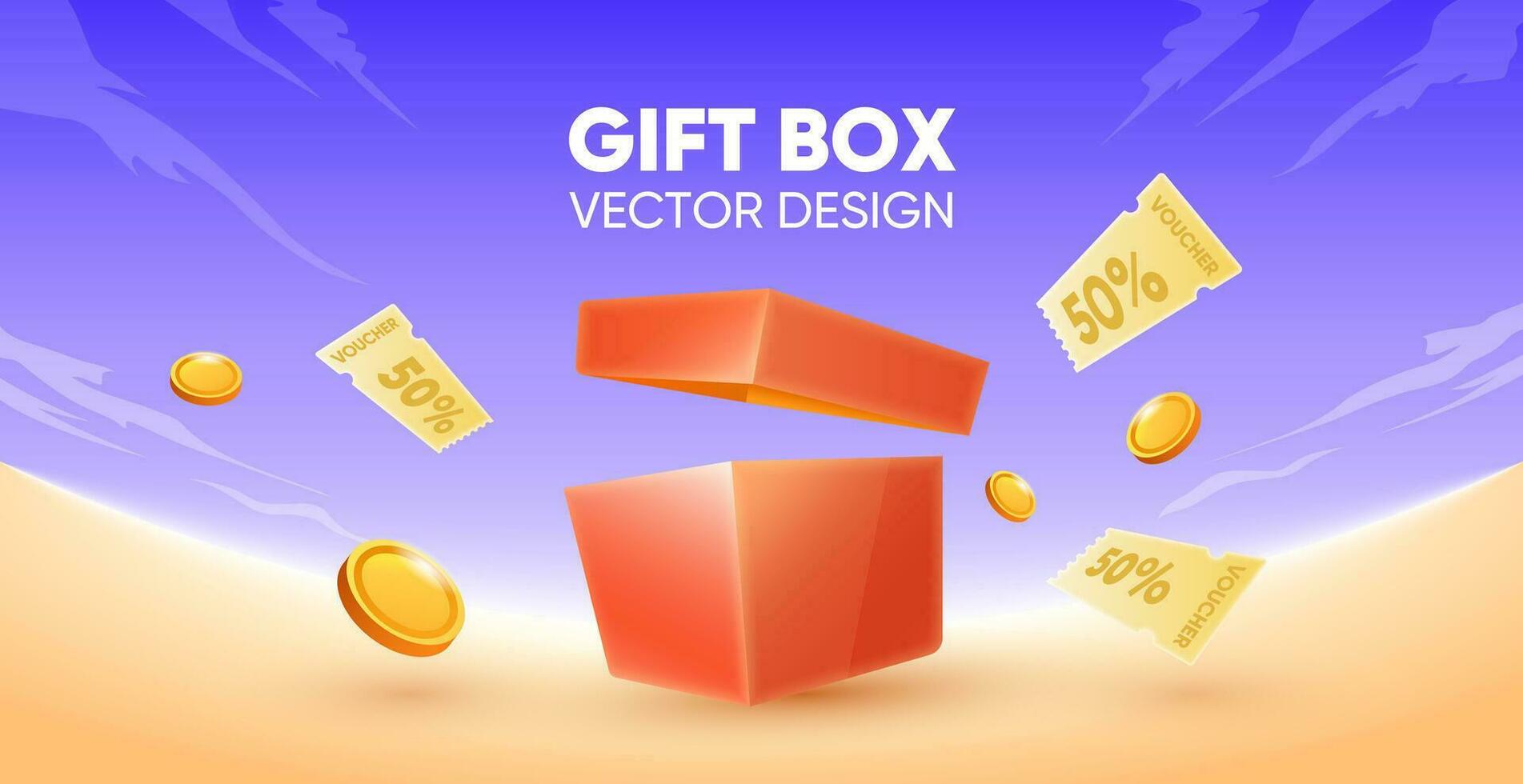 Vector opens gift box with discount card and coins flying around