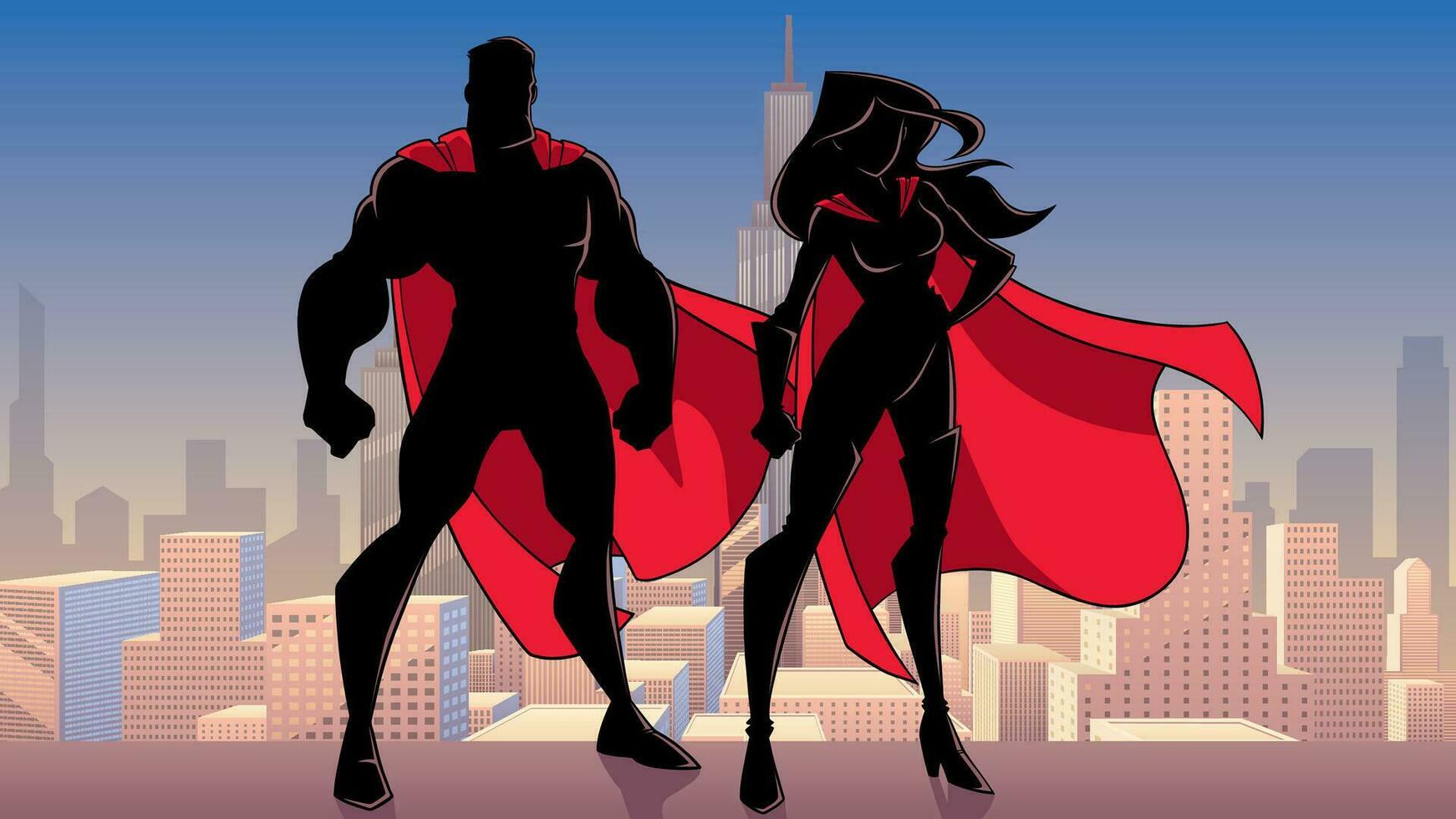 Superhero Couple Standing City Silhouettes vector