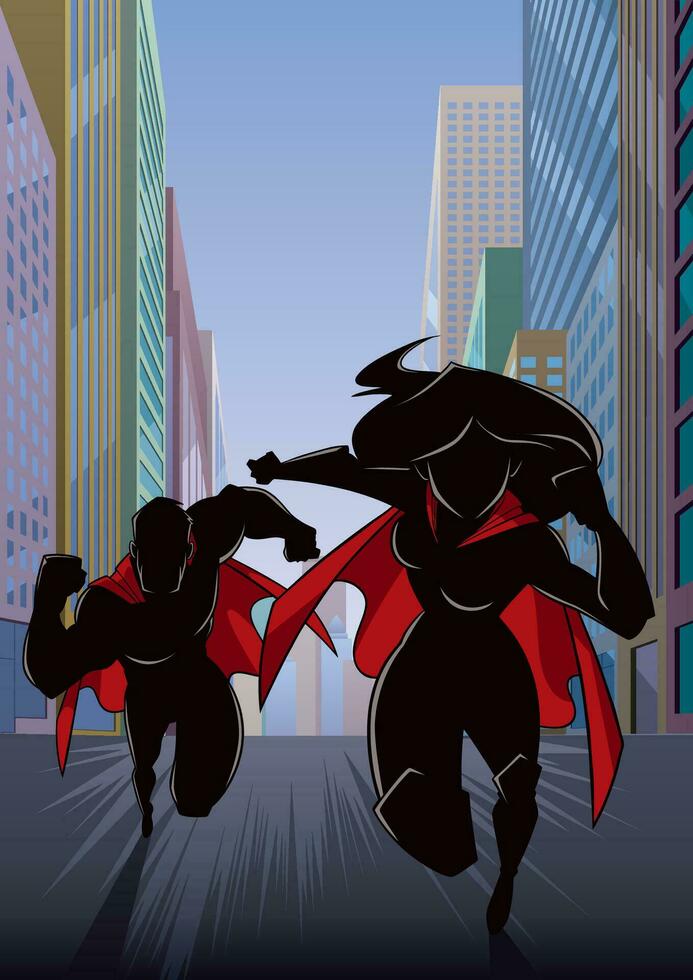 Superhero Couple Running Heroine Leads Silhouette vector