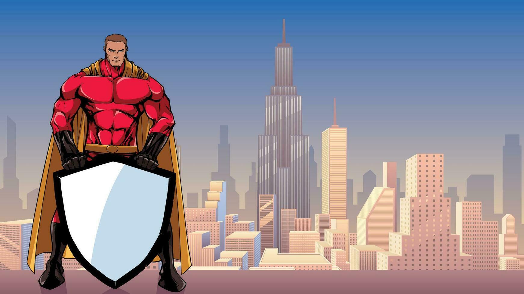 Superhero Holding Shield in City vector