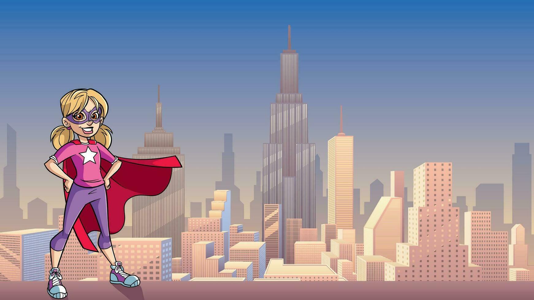 Little Super Girl City Background vector