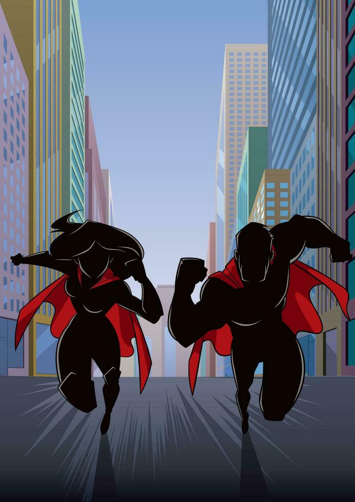 superhéroe Pareja corriendo en ciudad silueta vector