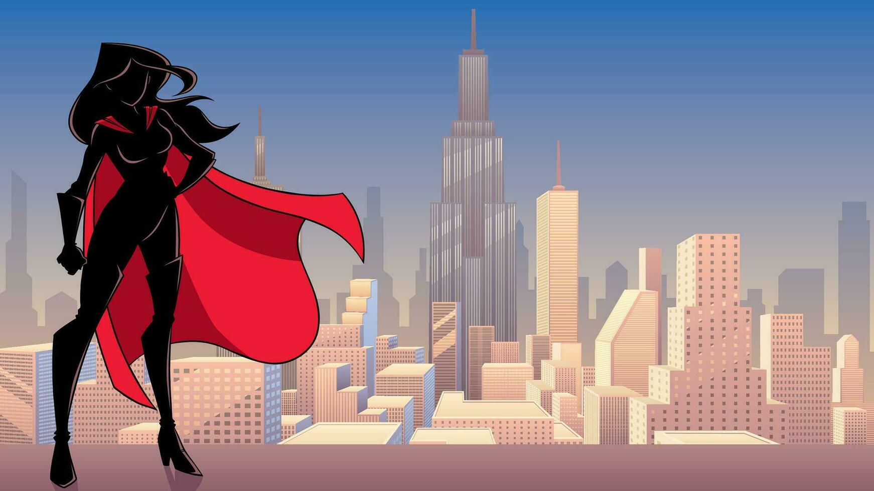 Superheroine Standing Tall City Silhouette vector