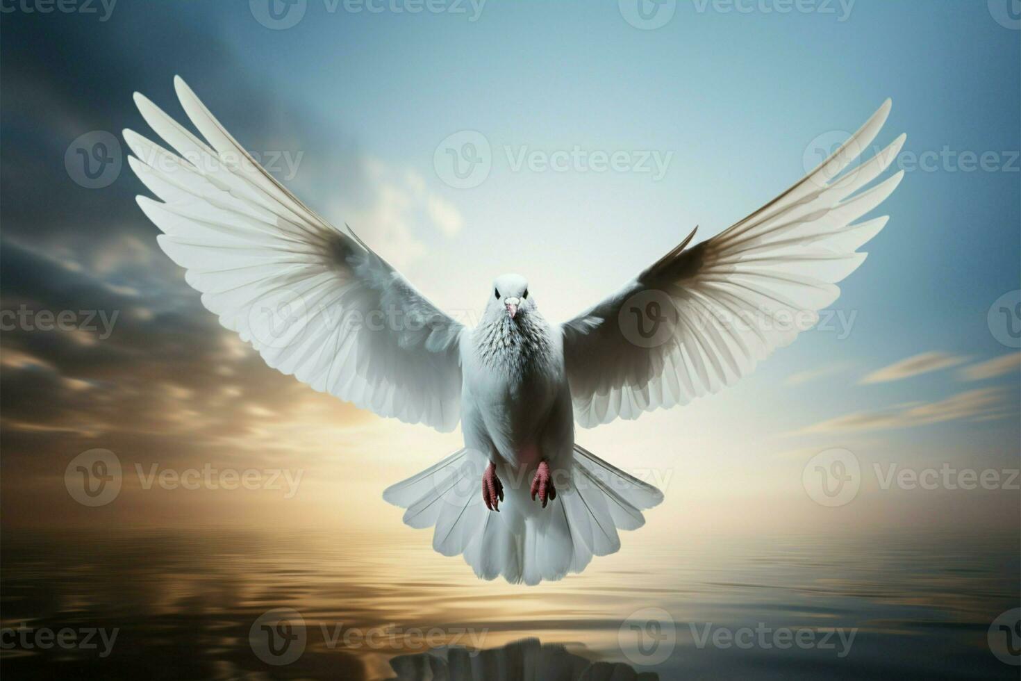 AI generated Purity in flight Dove with religious wings symbol on blue photo