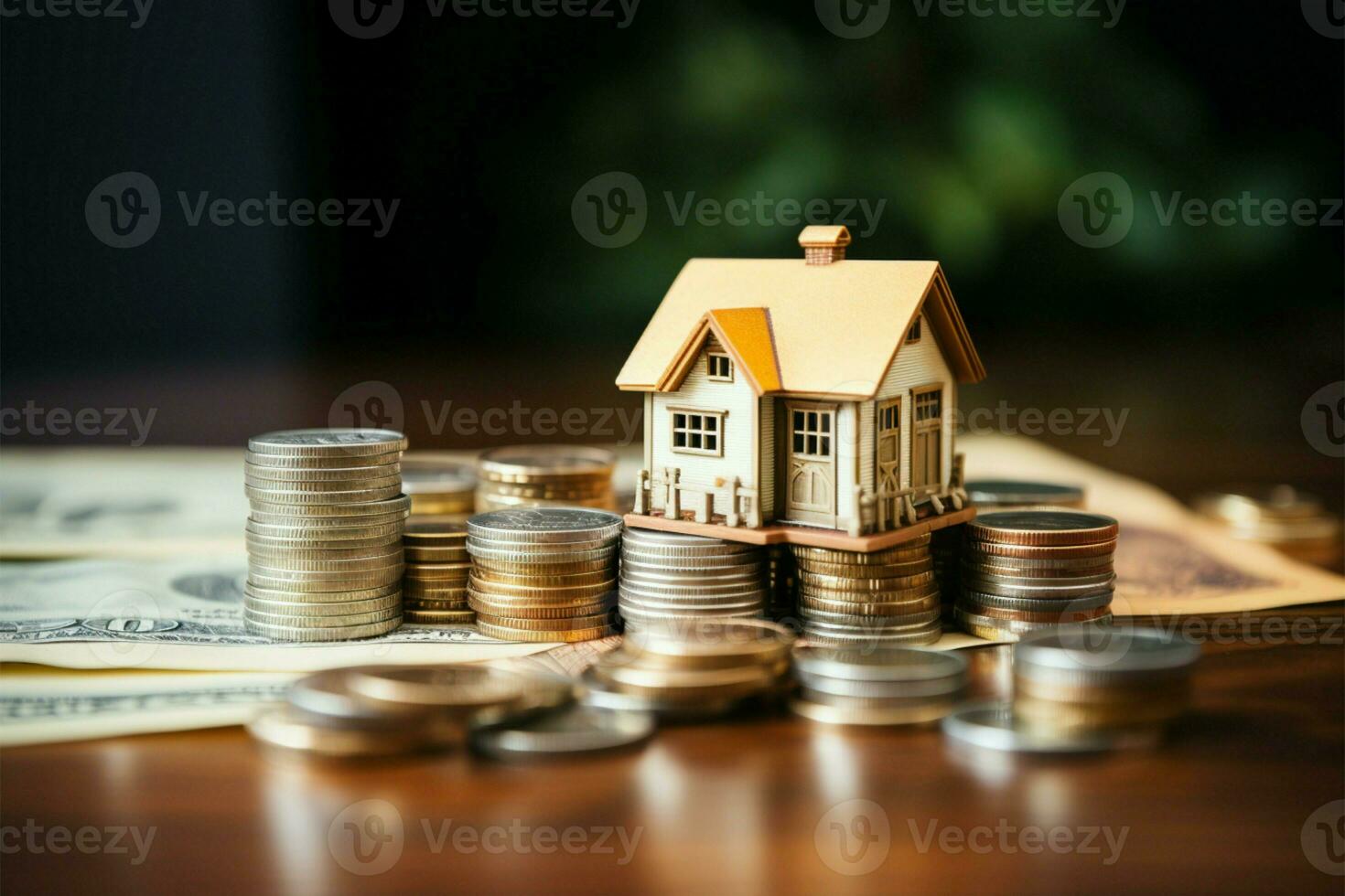 AI generated Banking aspirations Money and house model illustrating financial concepts photo