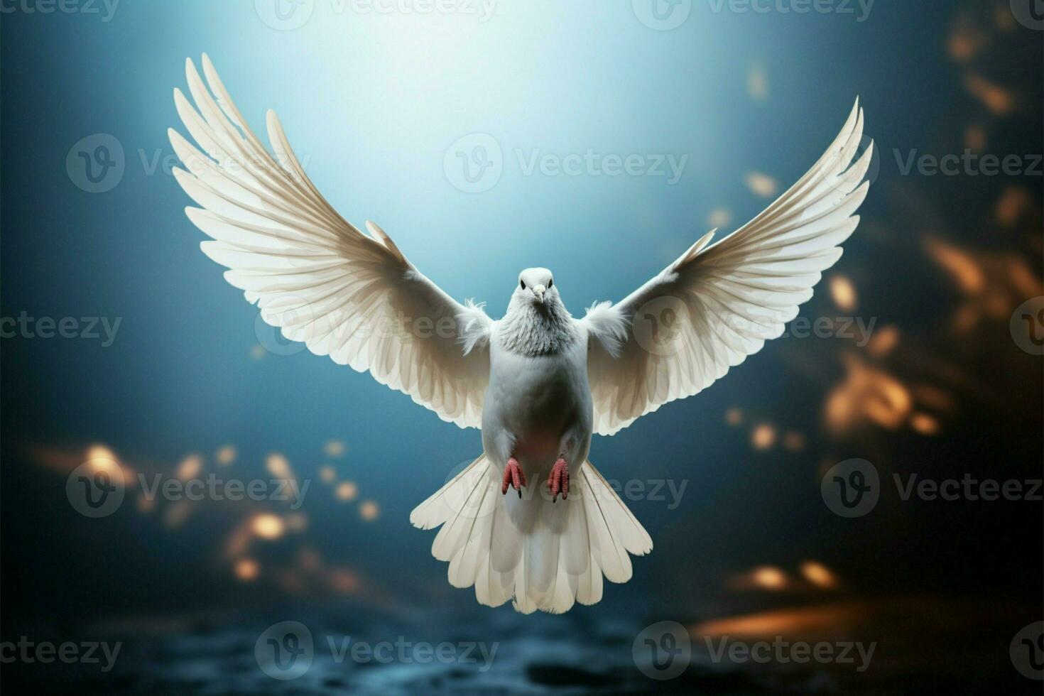 ai generado pureza en vuelo paloma con religioso alas símbolo en azul foto
