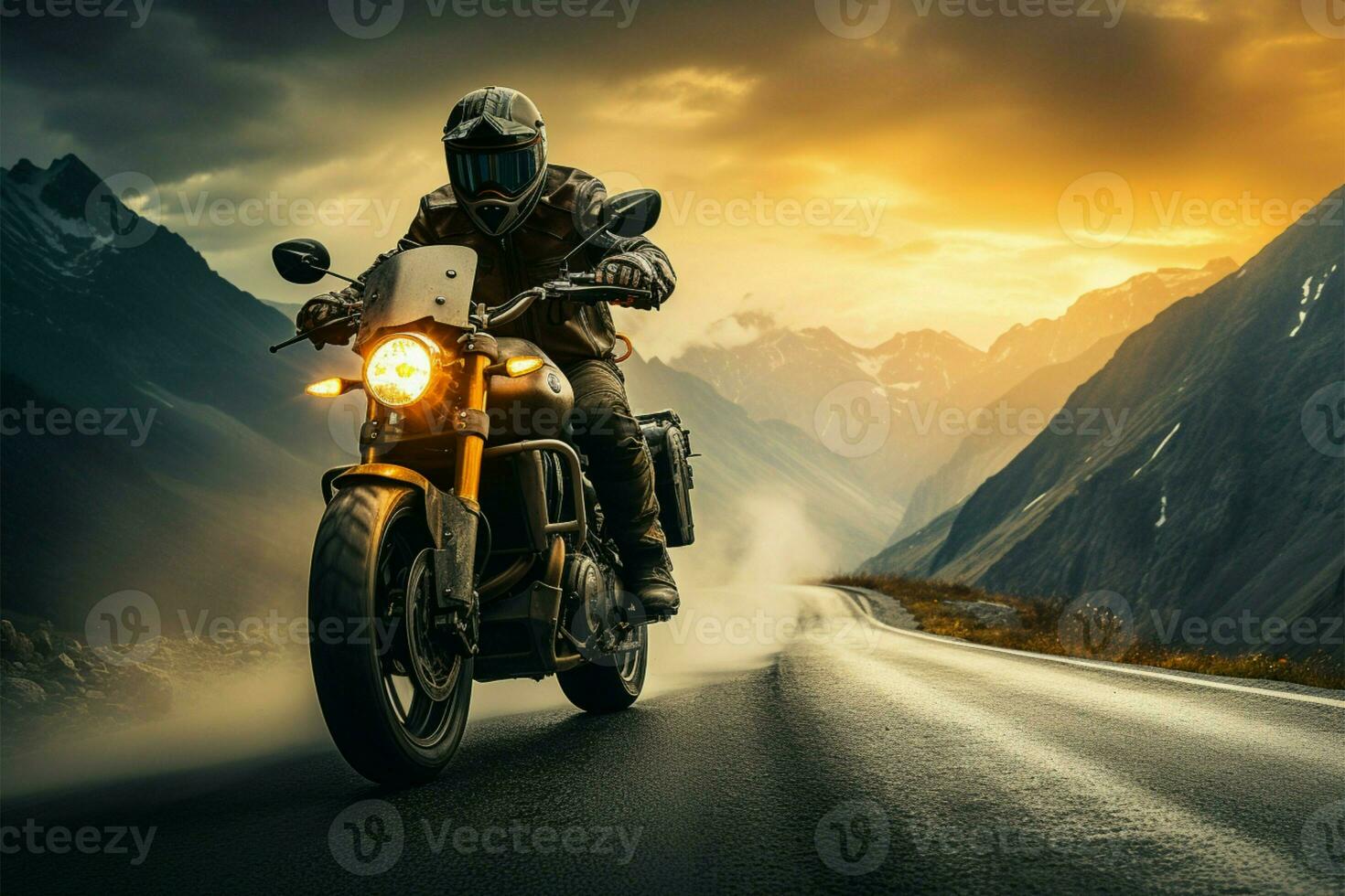 AI generated Mountain journey Motorcycle rider cruising through the hills at sunset photo