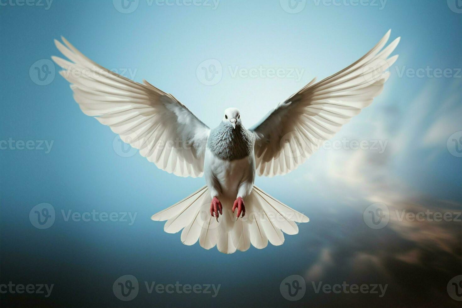 AI generated Skybound elegance Blue background with a white feathered dove symbol photo