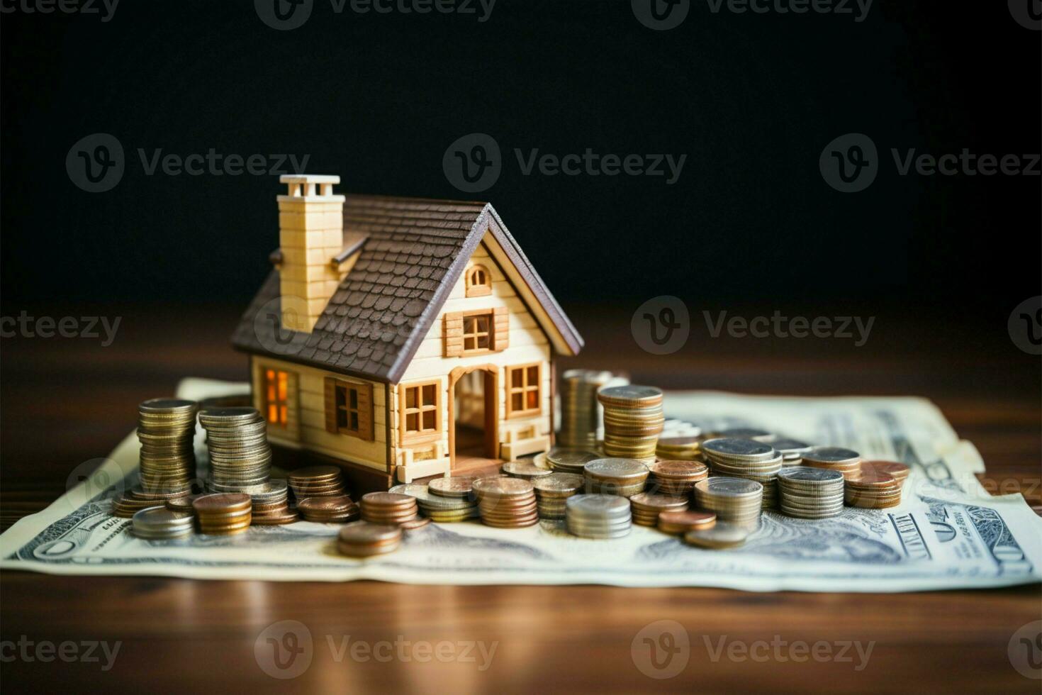 AI generated Banking aspirations Money and house model illustrating financial concepts photo