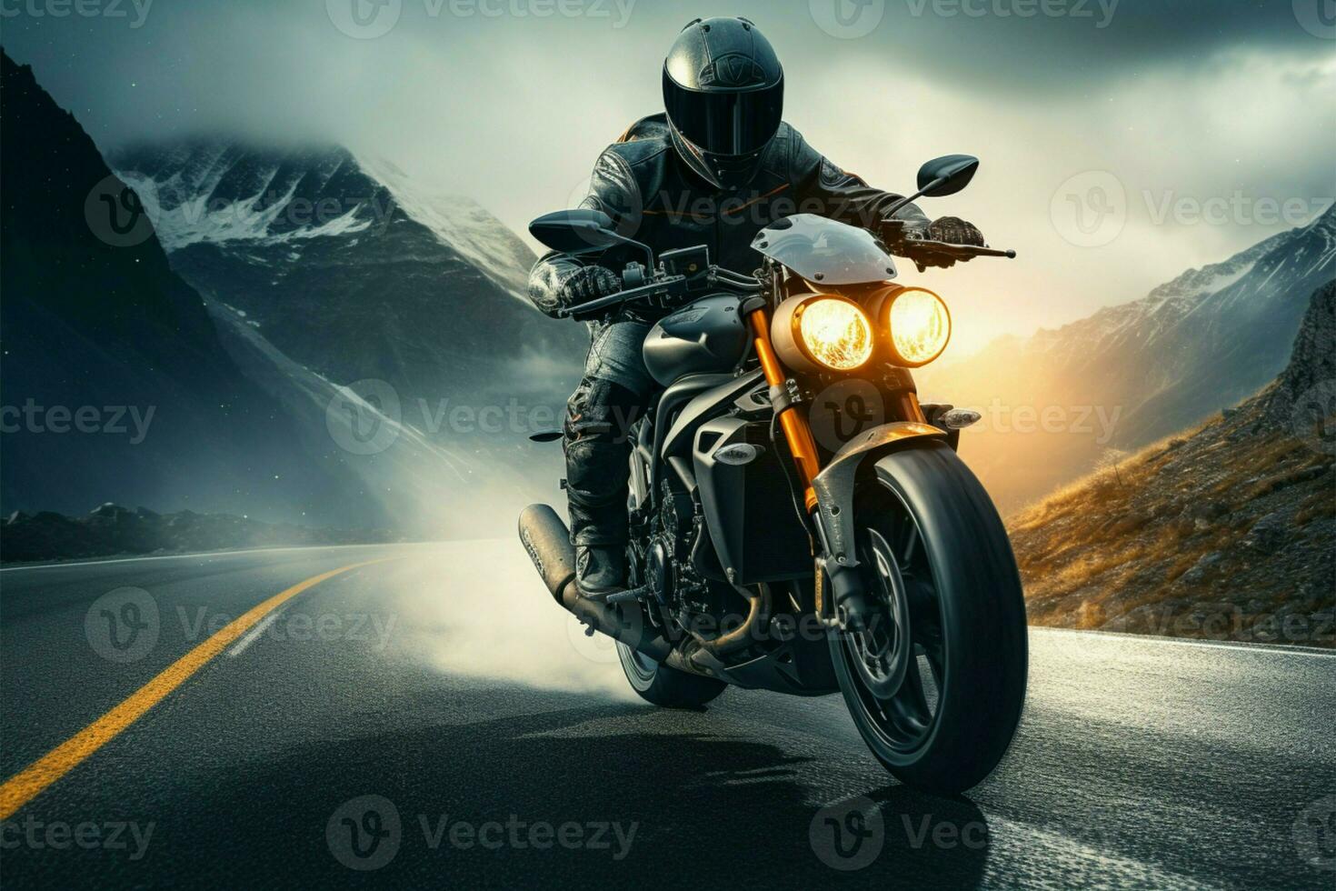 AI generated Twilight adventure Motorcycle rider on the road in mountainous terrain photo