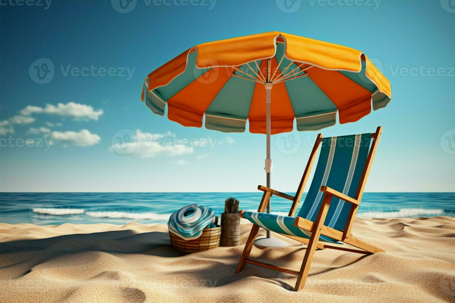AI generated Seaside comfort Beach chair and umbrella on sandy shore scene photo