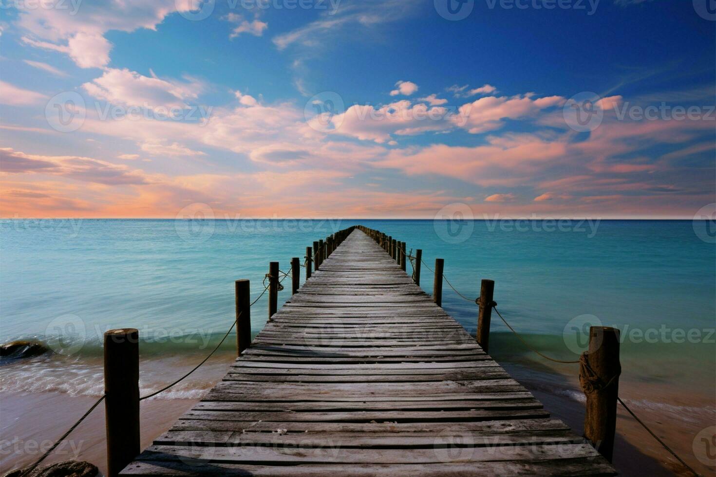 AI generated Seaside tranquility Wooden pier extends into the sea under clouds photo