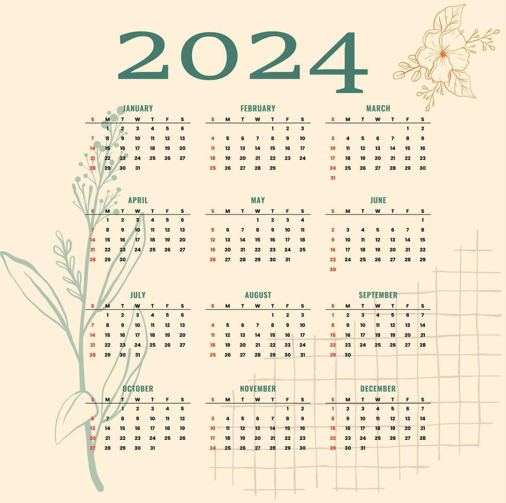 Cream and green 2024 new year schedule calendar layout 35692429 Vector ...