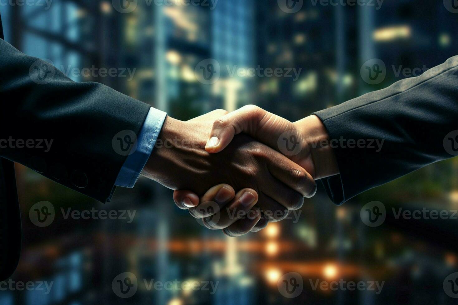 AI generated Business synergy Handshake after successful meeting, congratulation, merger concepts photo