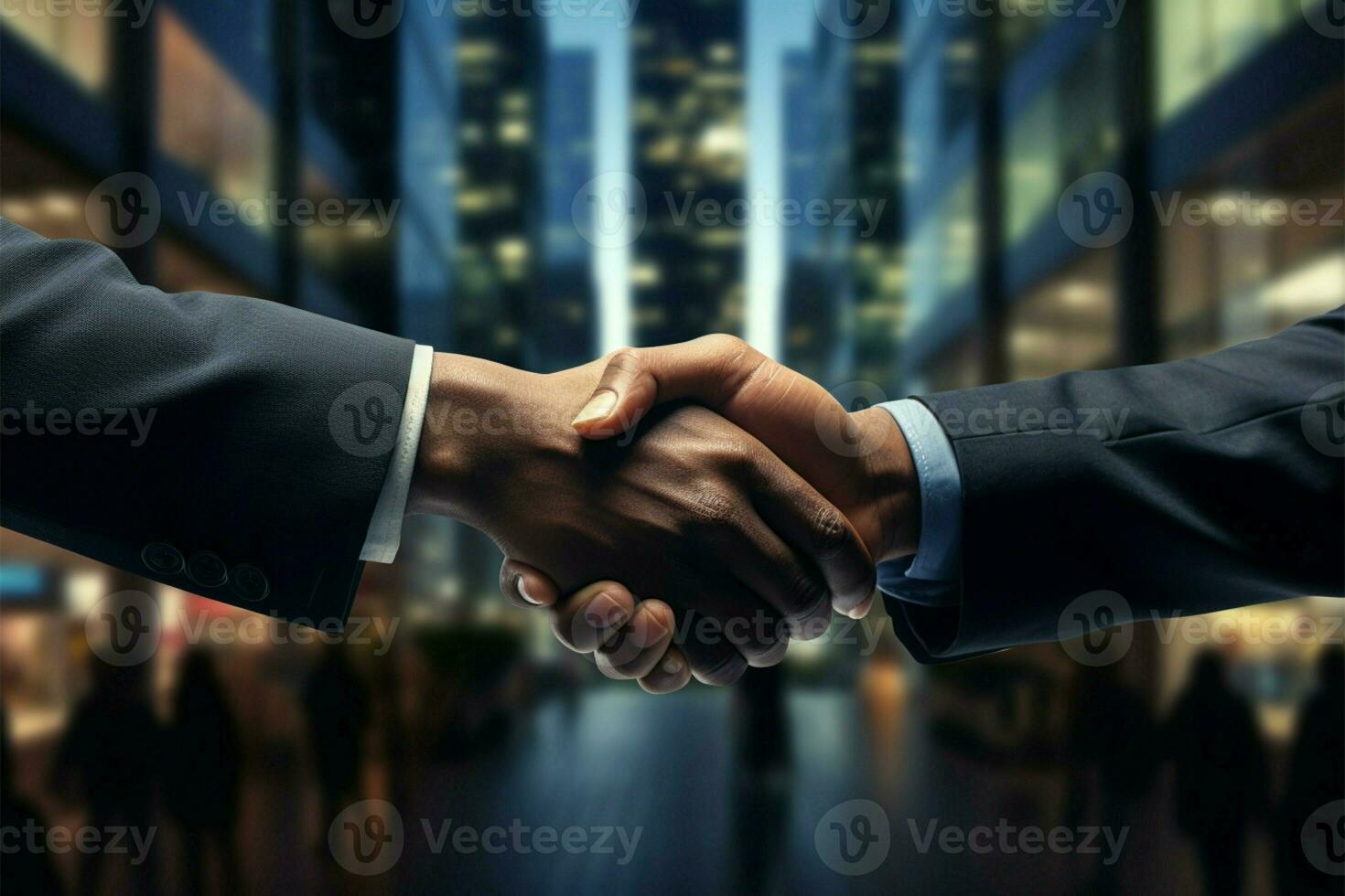 AI generated Business synergy Handshake after successful meeting, congratulation, merger concepts photo