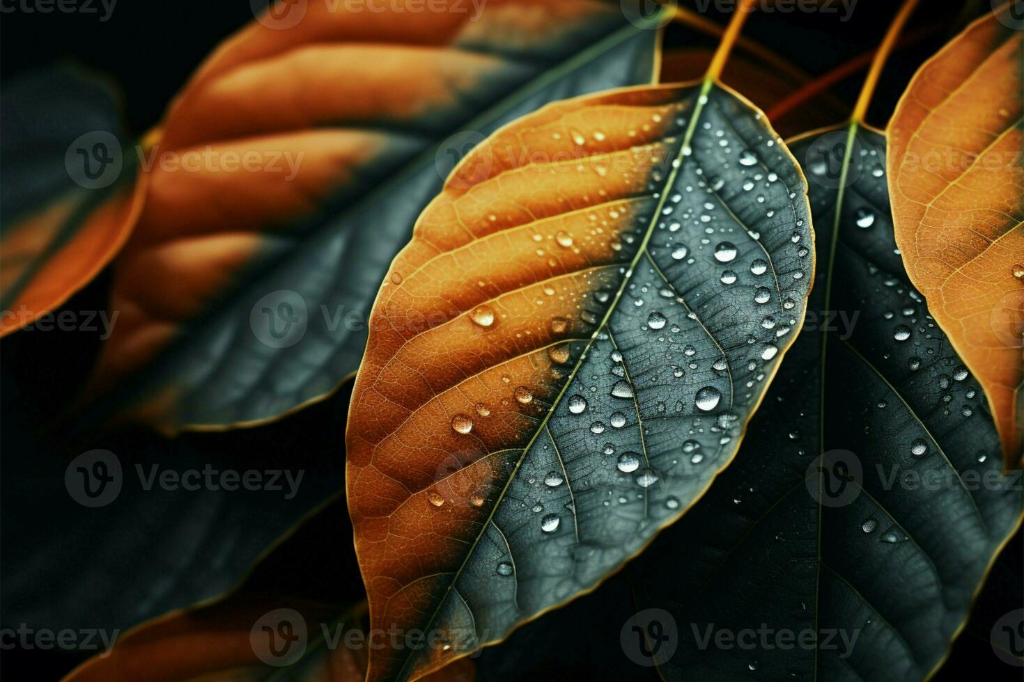 AI generated Seasonal charm Beautiful autumn leaves close up, adorned with water droplets photo