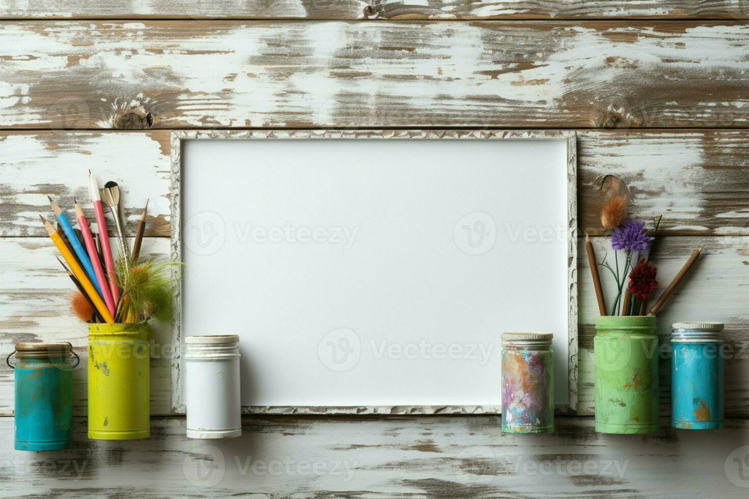 AI generated Creative arrangement Stationery frame on a white wooden background photo