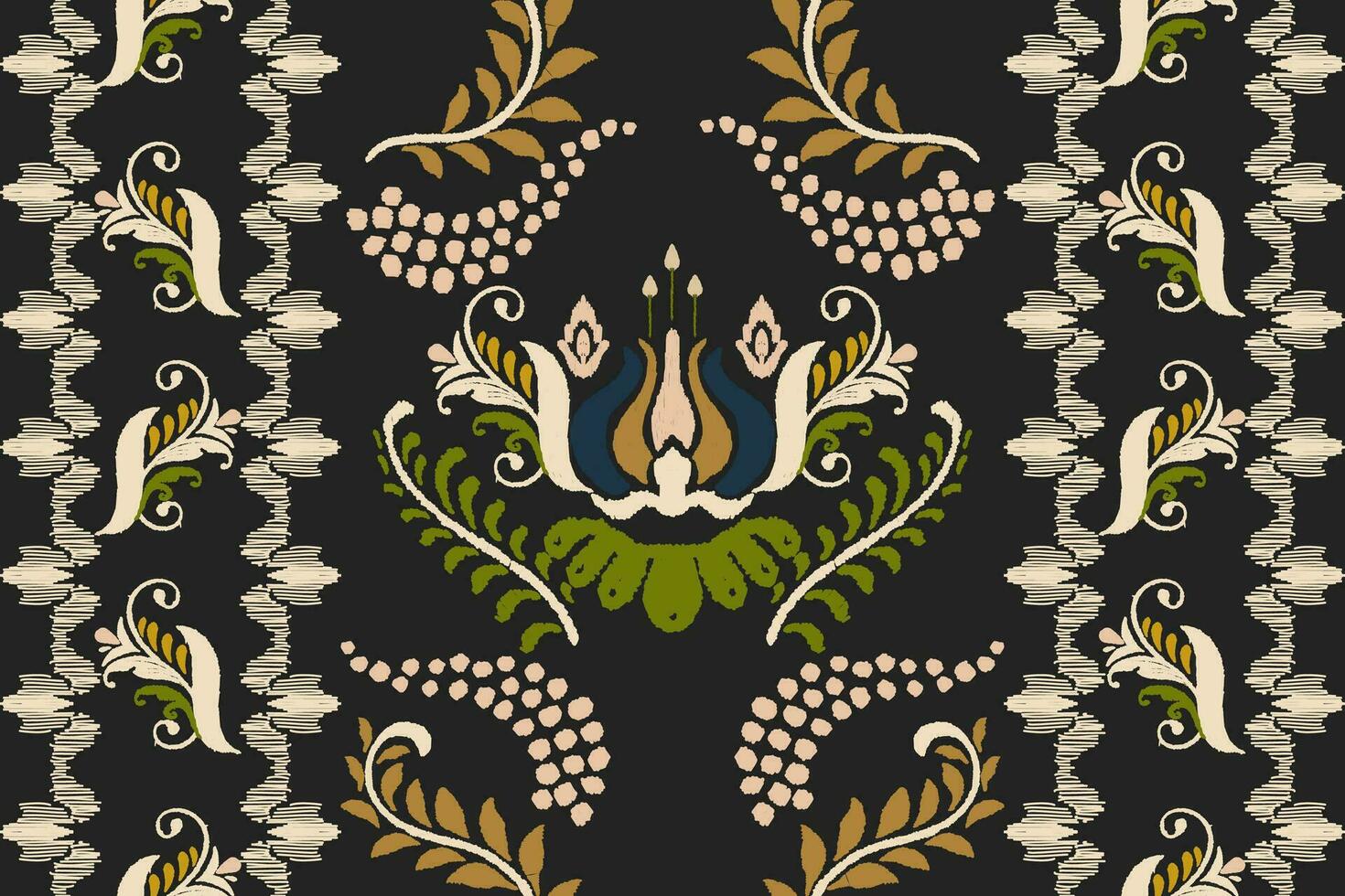 ikat floral cachemir bordado en negro fondo.ikat étnico oriental modelo tradicional.azteca estilo resumen vector ilustración.diseño para textura,tela,ropa,envoltura,decoración,pareo,bufanda