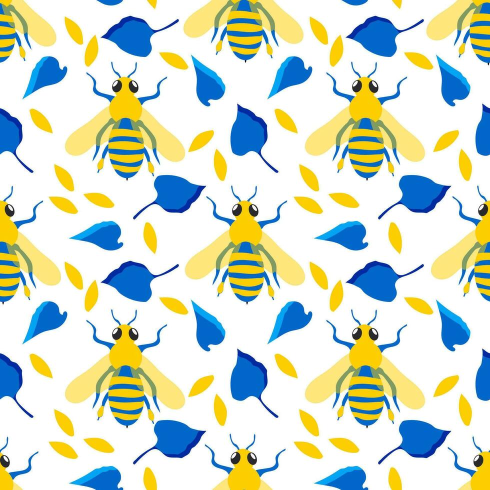 Honey bees. Seamless pattern with cute insects and blue leaves, yellow petals for modern textiles, decorative fabrics. Vector. vector