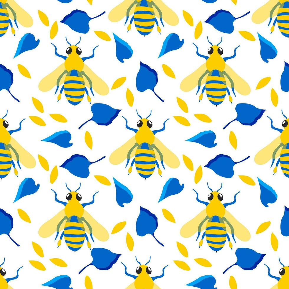 miel abejas. sin costura modelo con linda insectos y azul hojas, amarillo pétalos para moderno textiles, decorativo telas vector. vector