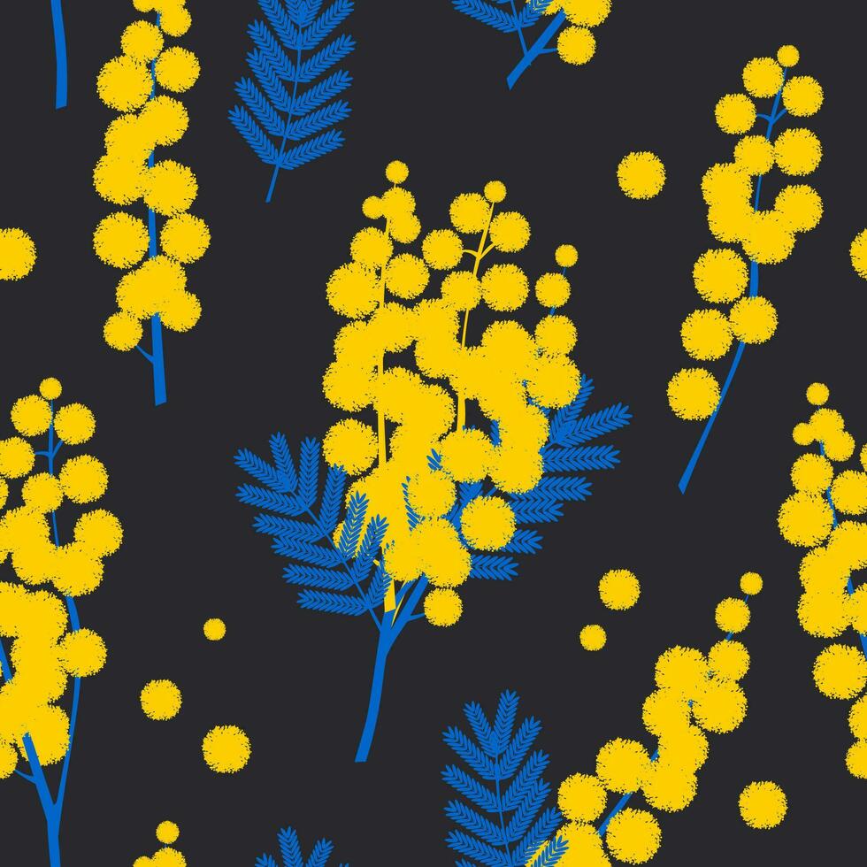 Acacia branches with yellow flowers on a black background. Spring seamless pattern with mimosa for modern textile. Vector. vector