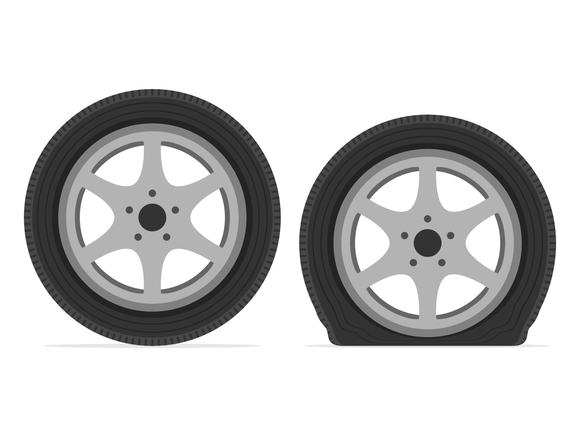 Normal And Flat Tire Deflated Automobile Tire Punctured Wheel Of Car 