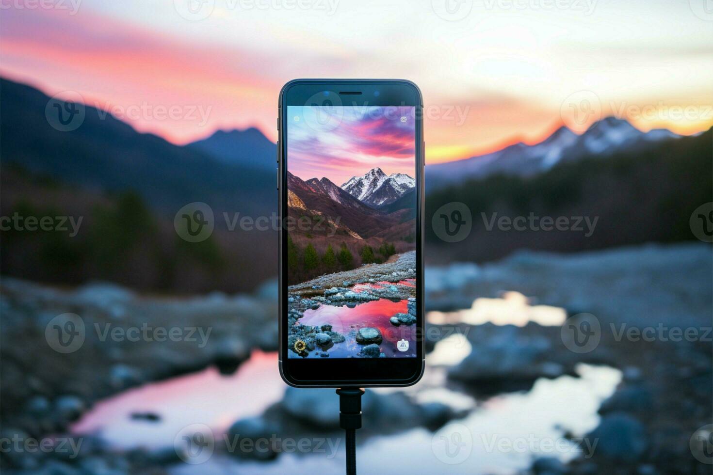 AI generated Sunset snapshot Smartphone captures mountain stream on tripod in nature photo