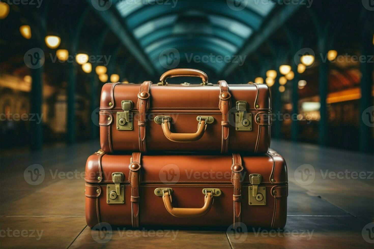 AI generated Traveling back Vintage leather suitcases on a 90s concept background photo