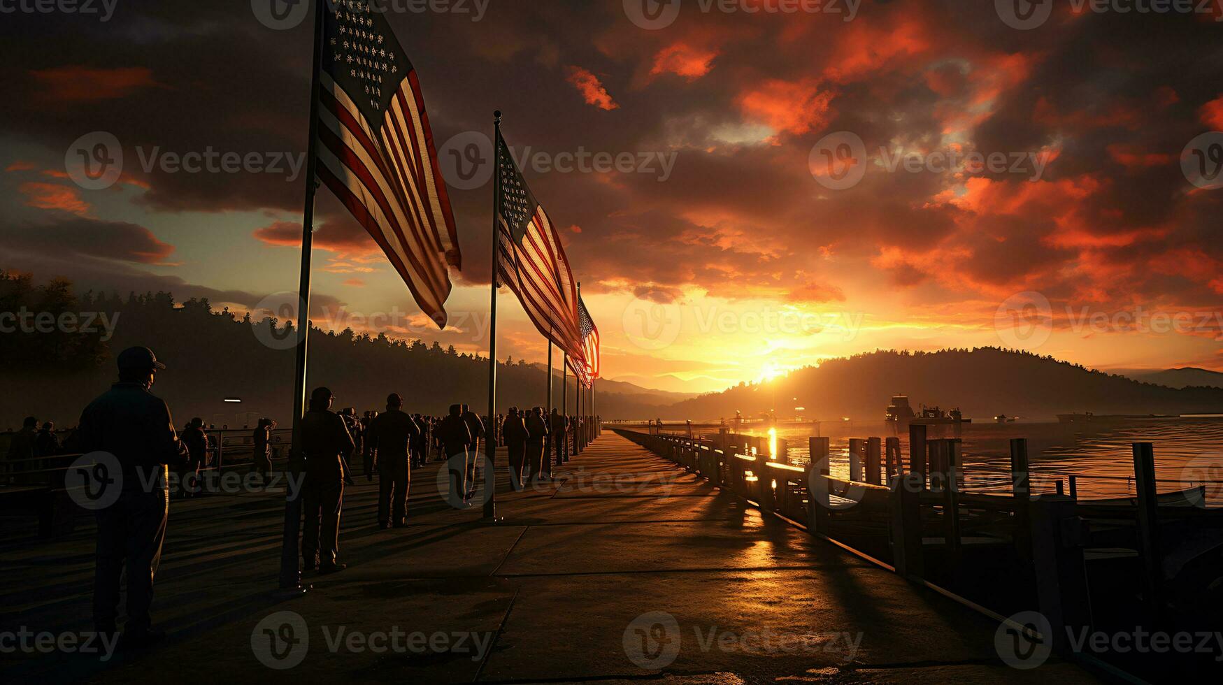 AI generated US Army respects in front of a ship with the American flag in silhouette landscape photo