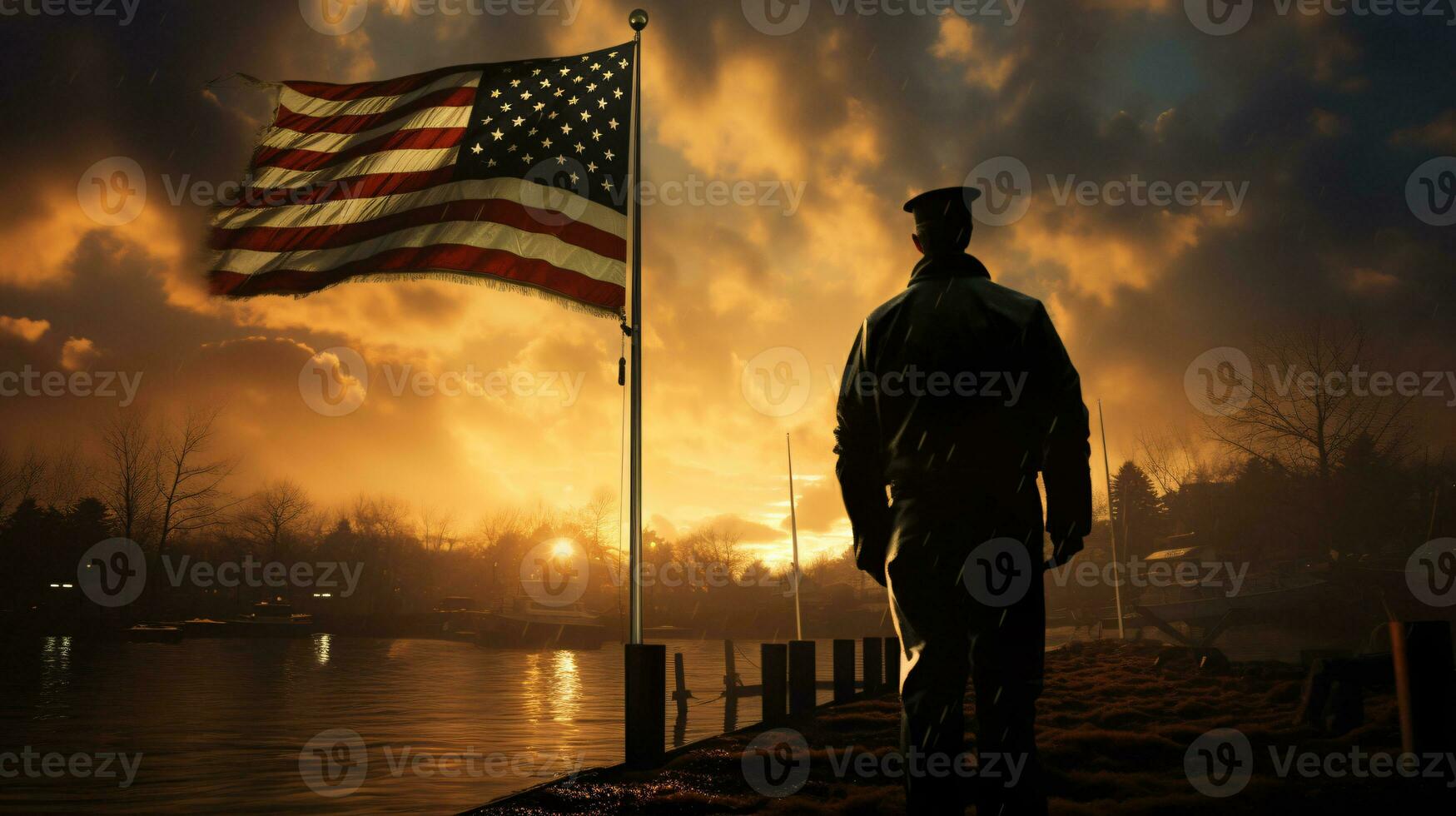 AI generated US Army respects in front of a ship with the American flag in silhouette landscape photo