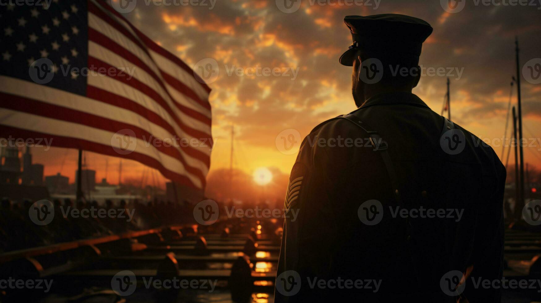 AI generated US Army respects in front of a ship with the American flag in silhouette landscape photo