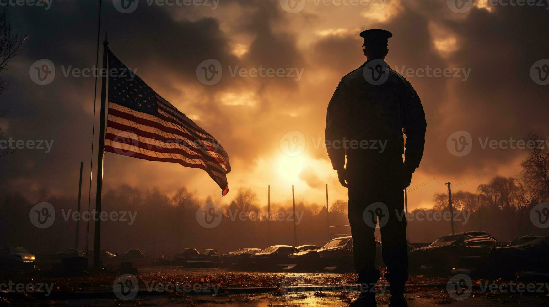 AI generated US Army respects in front of a ship with the American flag in silhouette landscape photo