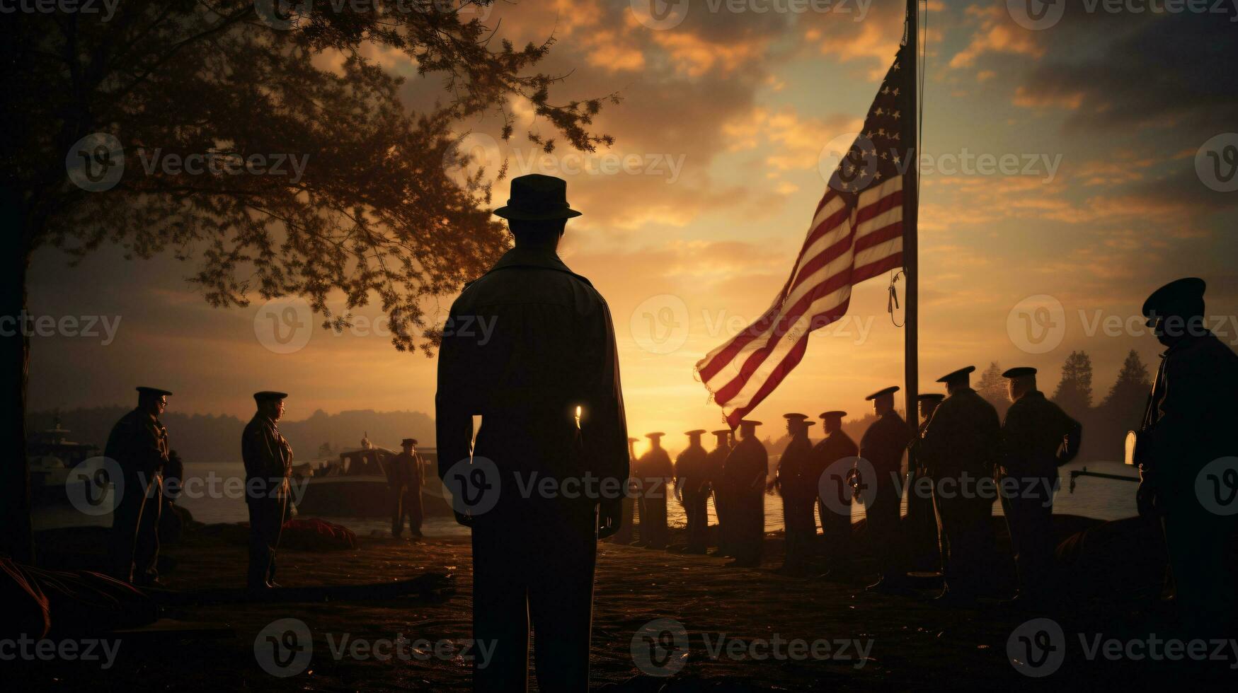 AI generated US Army respects in front of a ship with the American flag in silhouette landscape photo