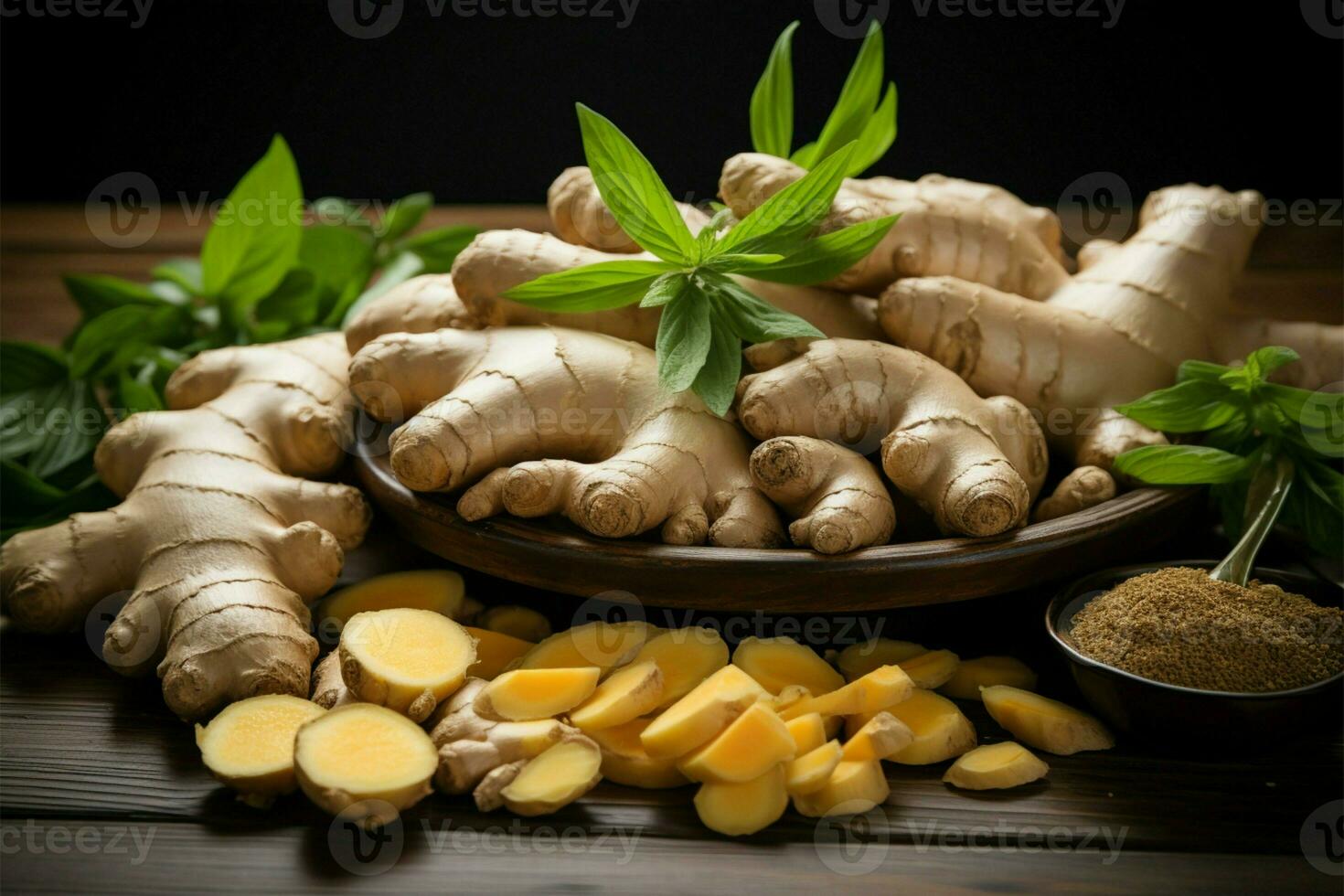 AI generated Nutritional spice Graphic art showcasing the organic ginger root photo