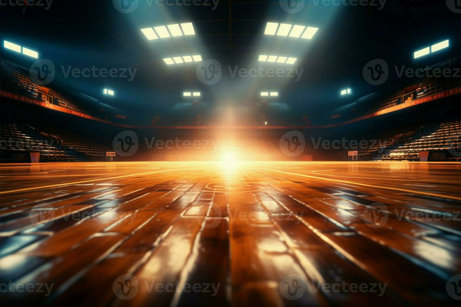 AI generated Artistic arena Basketball stadium court with spotlight and ball graphic photo