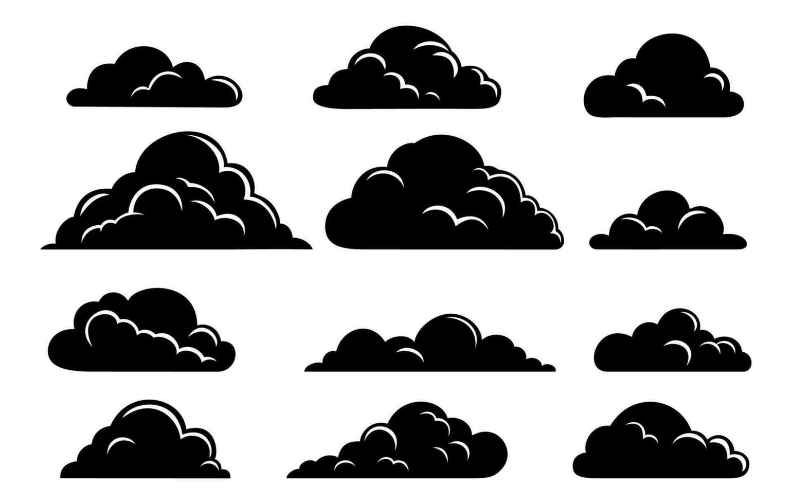 A set of clouds in the sky in black silhouette. Collection of various cloud shapes icon. Vector illustration