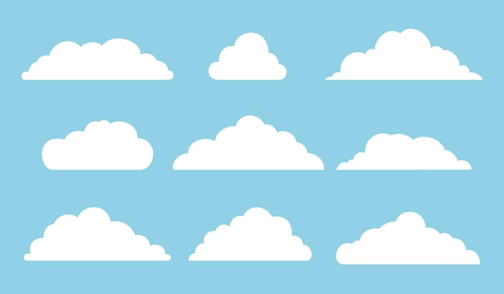 Set of clouds icons in the sky. Collection of various cloud shapes silhouette on blue background. Vector illustration