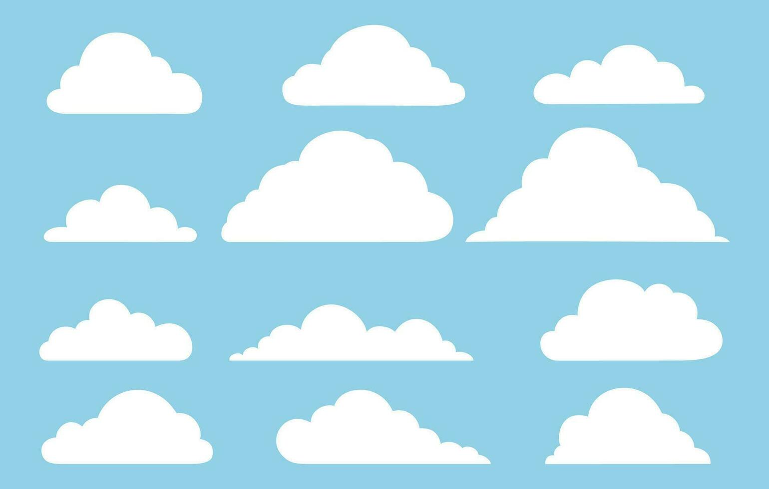 Set of clouds icons in the sky. Collection of various cloud shapes silhouette on blue background. Vector illustration