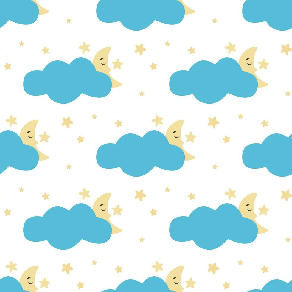 Moon sleeps in clouds and stars seamless pattern vector