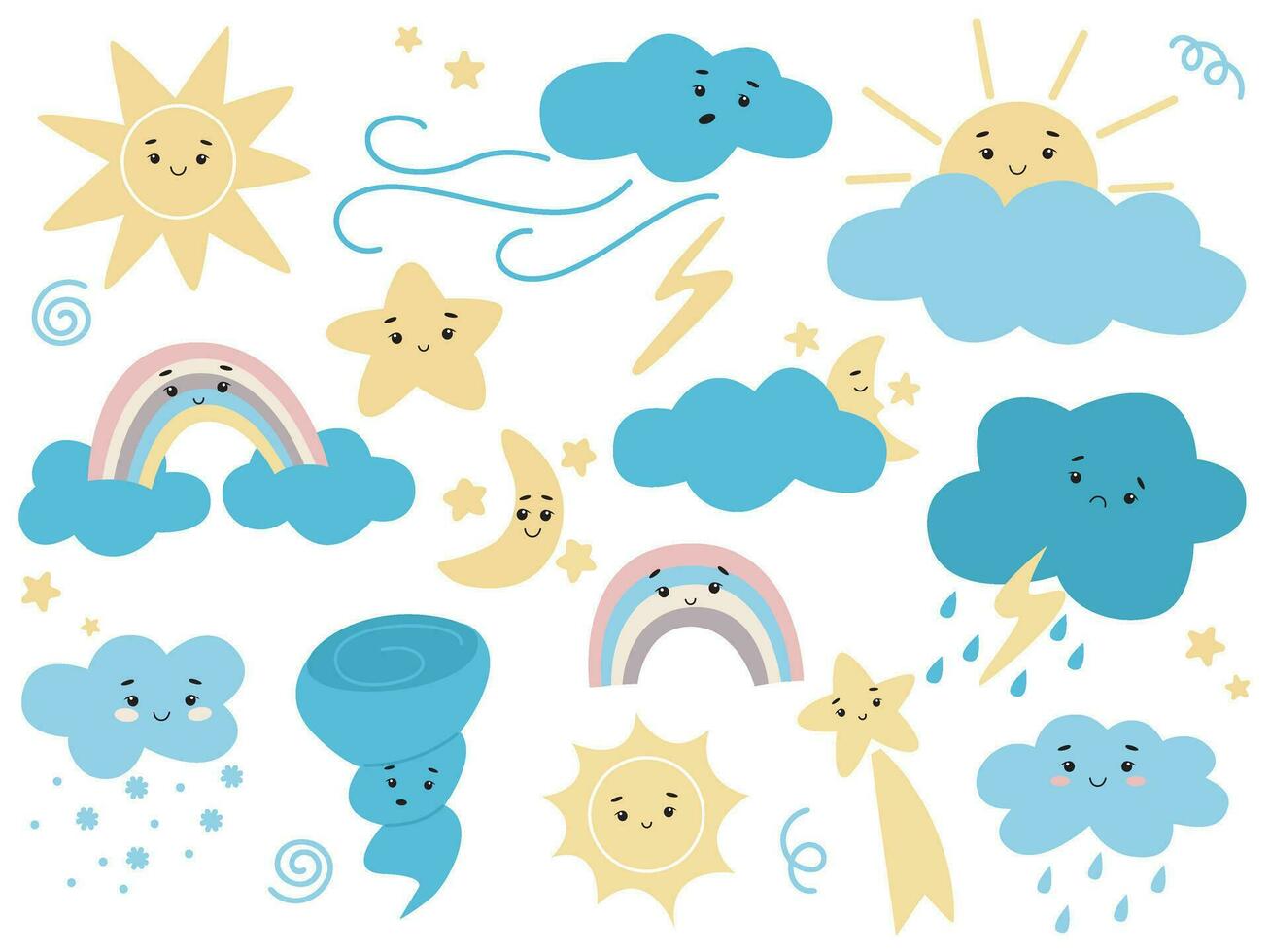 clima condiciones kawaii caracteres conjunto vector