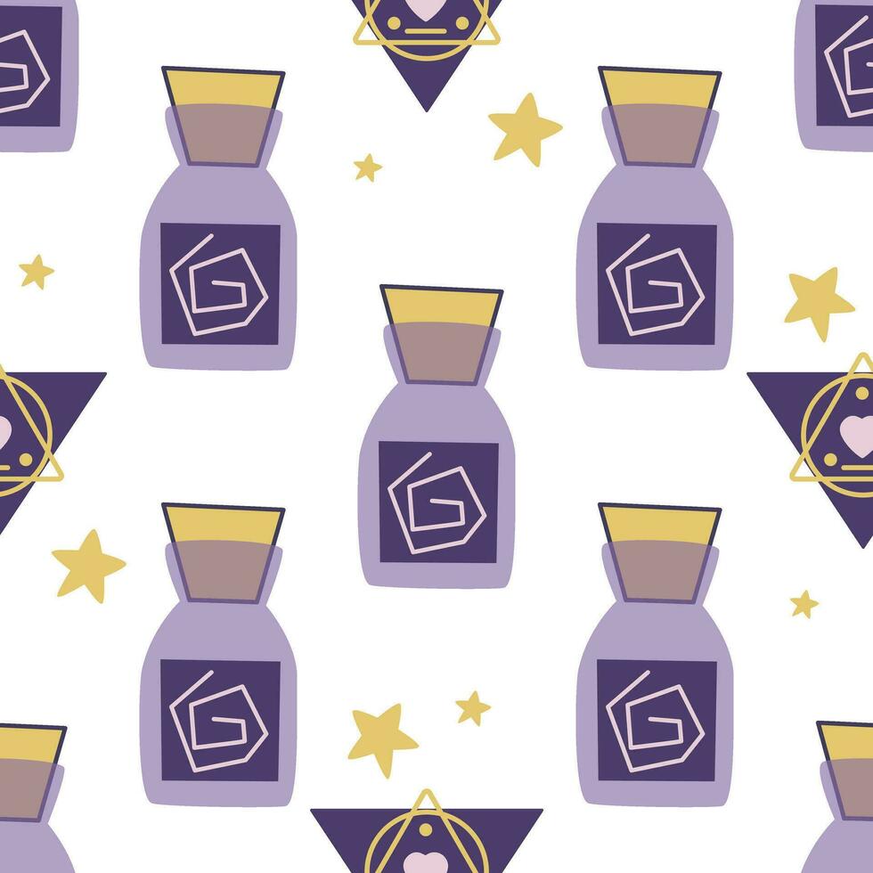Magic bottles with potion, medicine or liquid seamless pattern vector