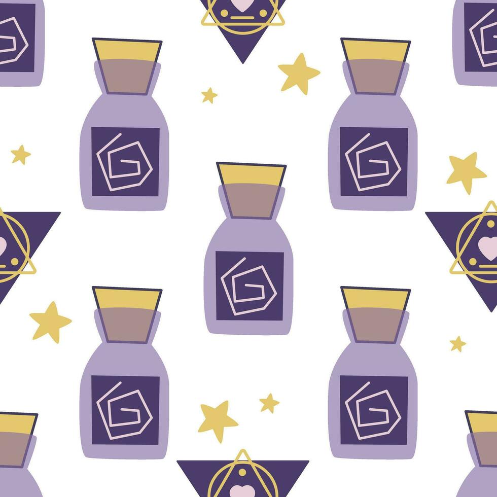 Magic bottles with potion, medicine or liquid seamless pattern vector