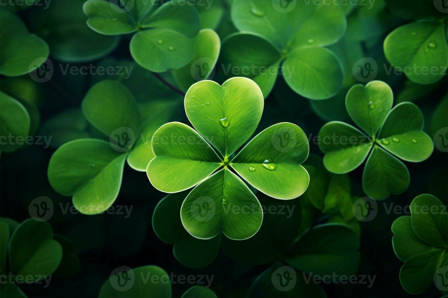 AI generated Green festivity Background for St Patricks Day with vibrant clover leaves photo