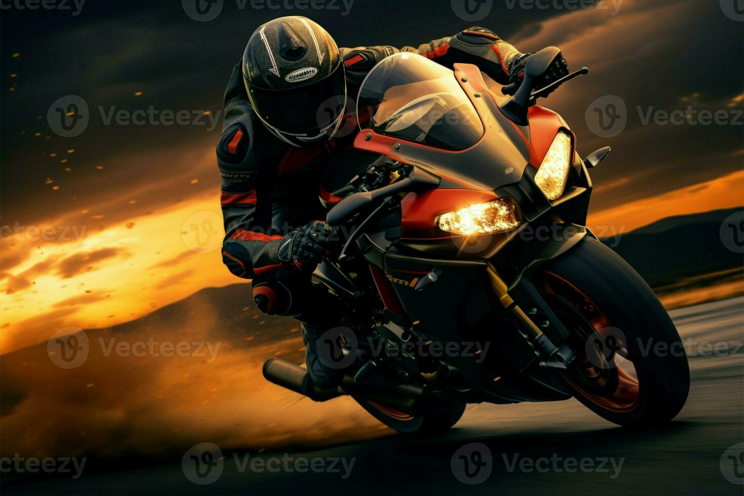 AI generated Sunset ride Motorcycle rider on the road, sport bike elegance photo