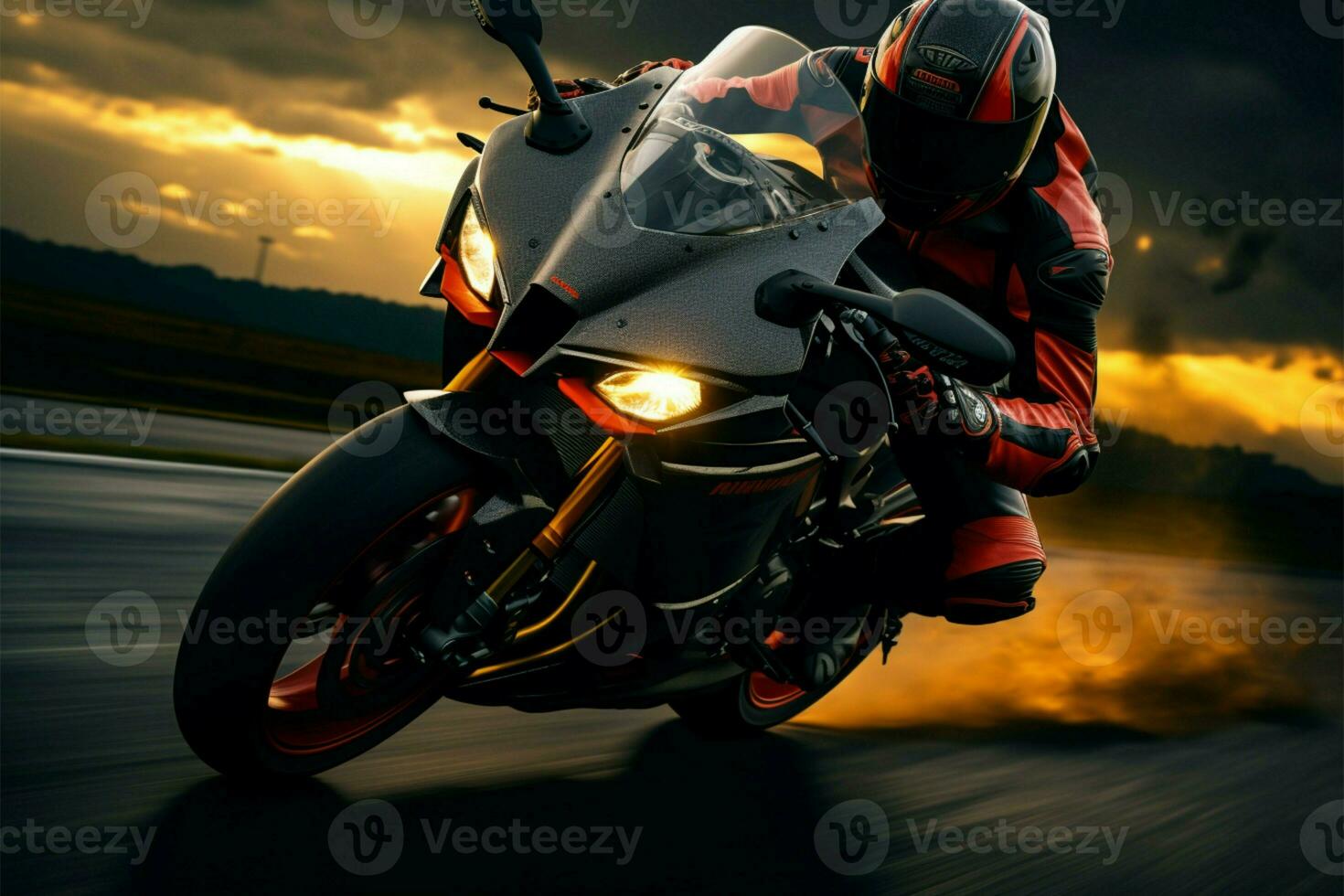 AI generated Highway elegance Motorcycle rider on the road at sunset, sport photo