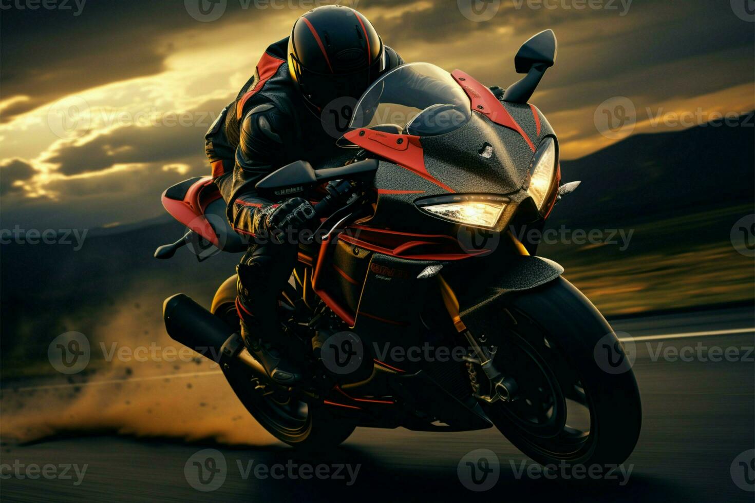 AI generated Sporty twilight Motorcycle rider cruising on the road at sunset photo