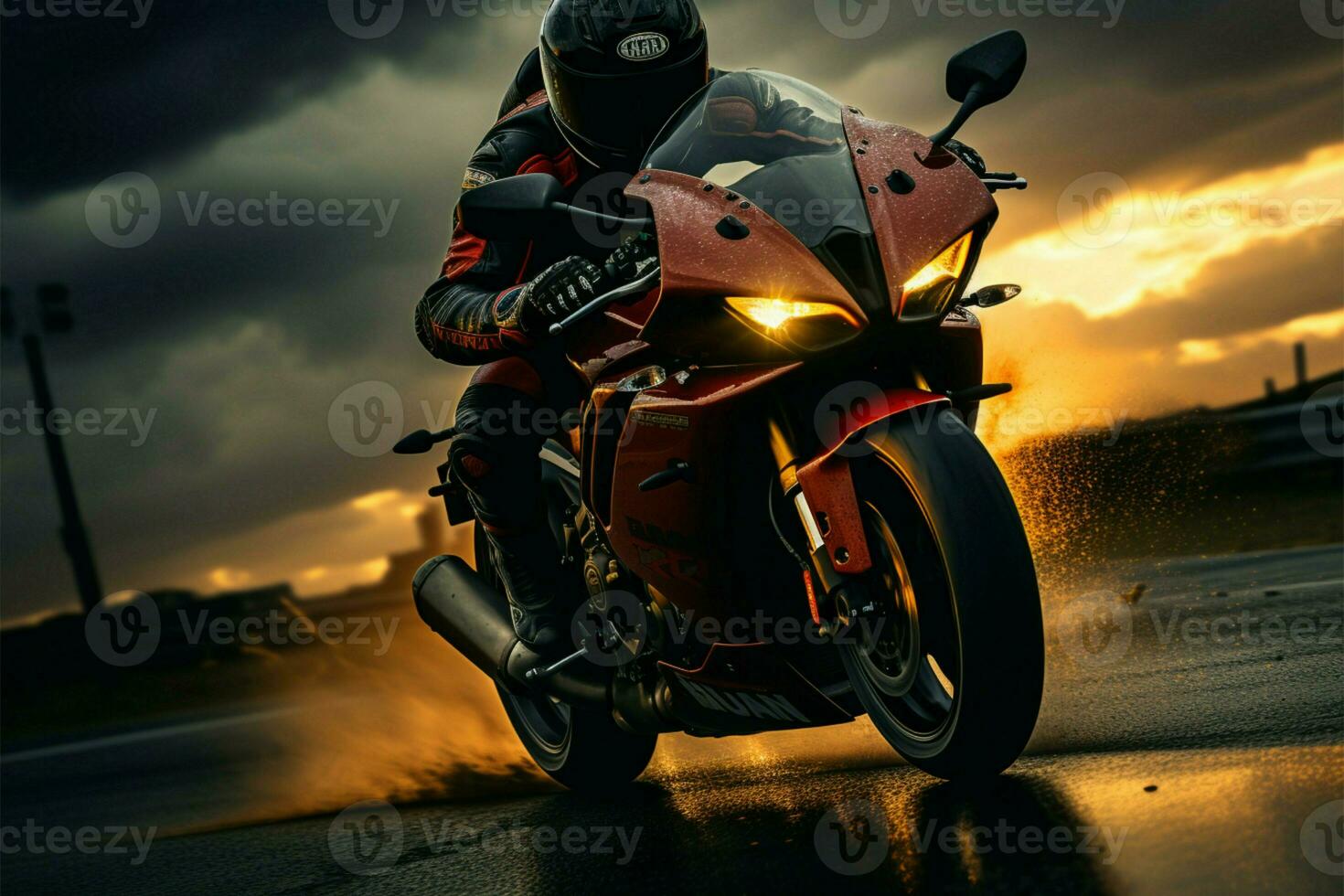 AI generated Biking into the dusk Motorcycle rider on the road at sunset photo